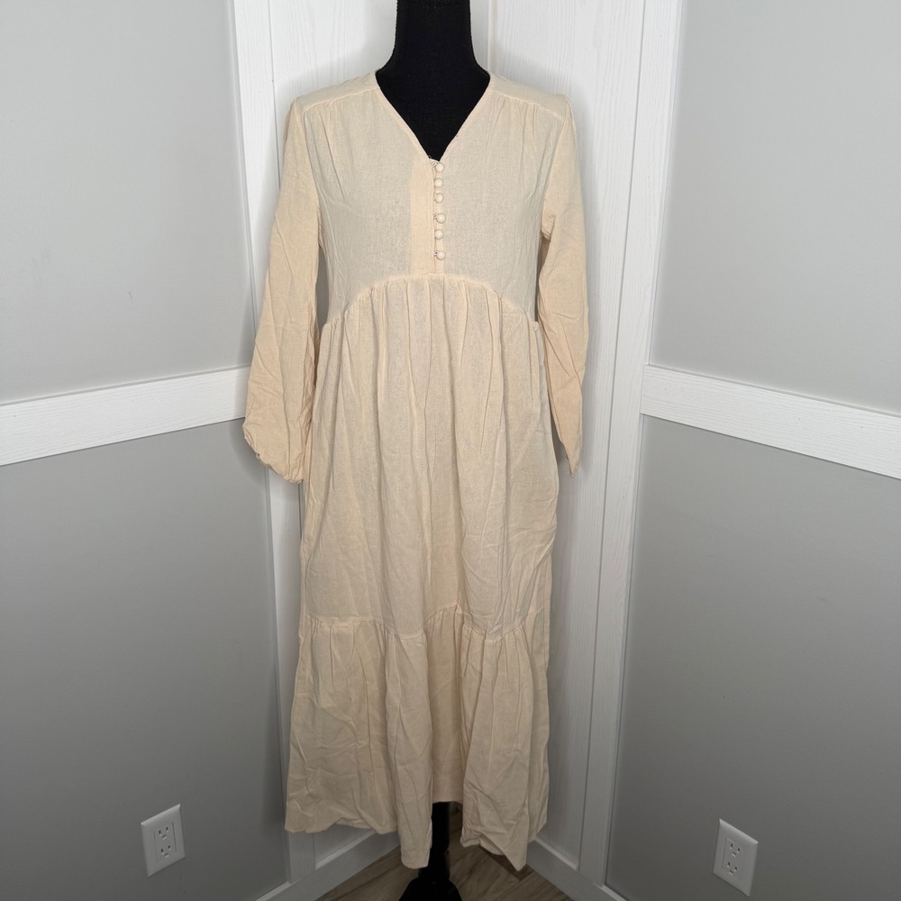 Kohl's Dress Women Medium Ivory Solid Long Sleeve Tiered Maxi Side Zip Pocket